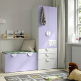Kids storage combo: wardrobe, drawers, bench. Soft-close, toy box. Decor, books, window.