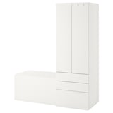 Modern, white kids storage set including wardrobe and bench with drawers, sleek design.