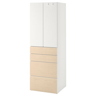 A SMÅSTAD wardrobe in white with light wood drawers, featuring soft-closing hinges and hooks for easy organization.
