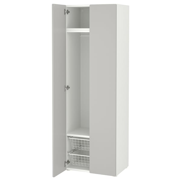 A white ikea SMÅSTAD wardrobe with one door open, revealing storage shelves.