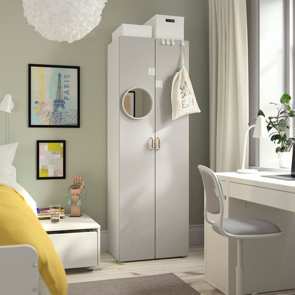 SMÅSTAD wardrobe - white, 2 doors, mirror, handles.