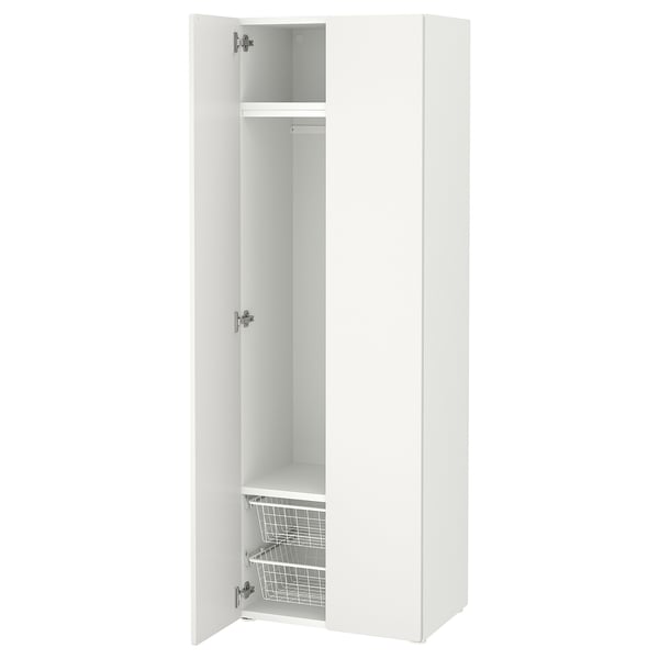 White SMÅSTAD wardrobe, narrow design, adjustable feet, soft closing doors, hanging and shelf storage.