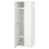 White SMÅSTAD wardrobe, narrow design, adjustable feet, soft closing doors, hanging and shelf storage.