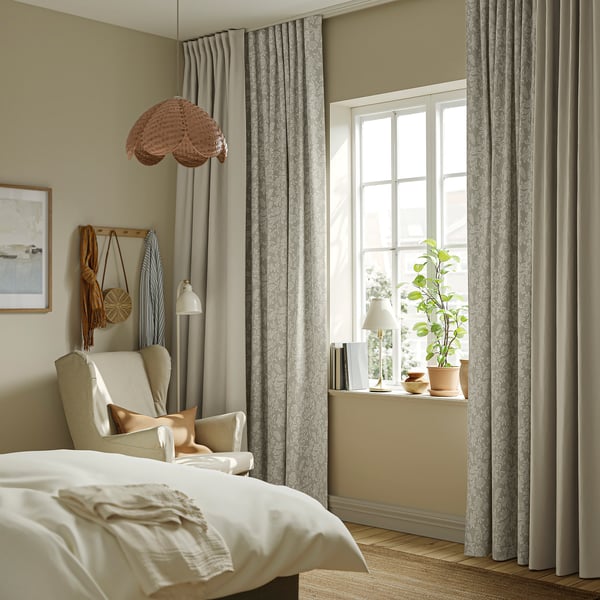 SNÖRUTA Curtains, 1 pair, light grey-beige white/floral pattern with heading tape, 145x300 cm