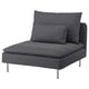 Dark gray, modern chair with chrome legs. Soft cushions, sleek design.