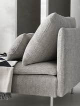 Modern grey fabric SÖDERHAMN sofa, deep seat, slim lines, high legs, cozy design.