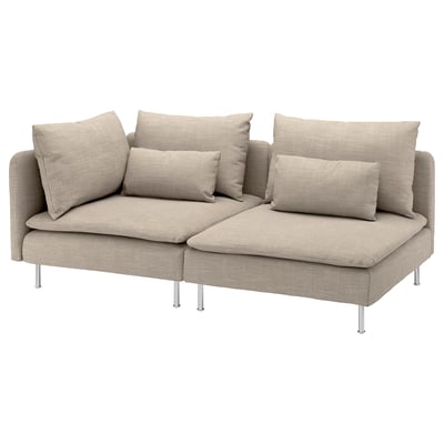 SÖDERHAMN beige fabric sofa with four cushions, sleek legs, deep seats, and removable covers.