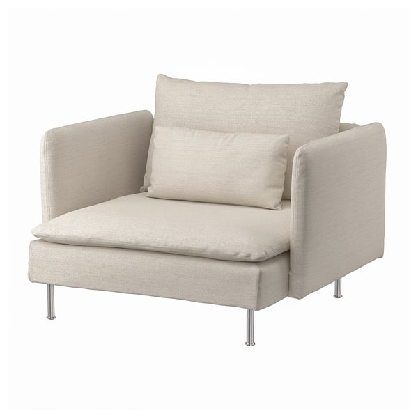 A beige SÖDERHAMN armchair with soft, cushioned design. It a slightly reclined back and sturdy chrome legs.