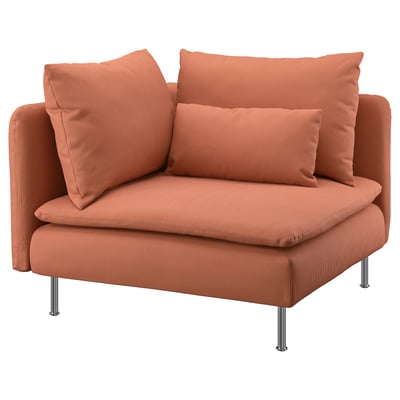 An orange SÖDERHAMN sofa with cushions, featuring polyester materials, a cosy design, and metal legs.