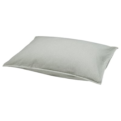A SOLFIBBLA pillow in gray with narrow white stripes, rectangular shaped. Its padded with lightweight fabric.