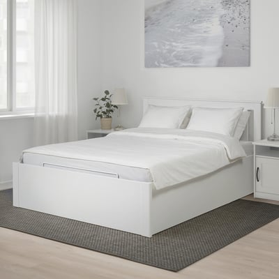SONGESAND white bed, large with storage, all-white decor, modern minimalist design.