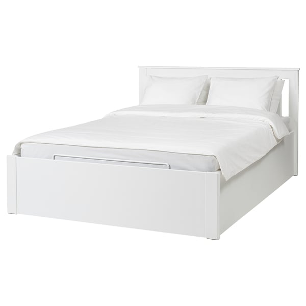 White modern minimalist bed with built-in storage, sleek design, clean lines.