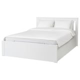 White modern minimalist bed with built-in storage, sleek design, clean lines.
