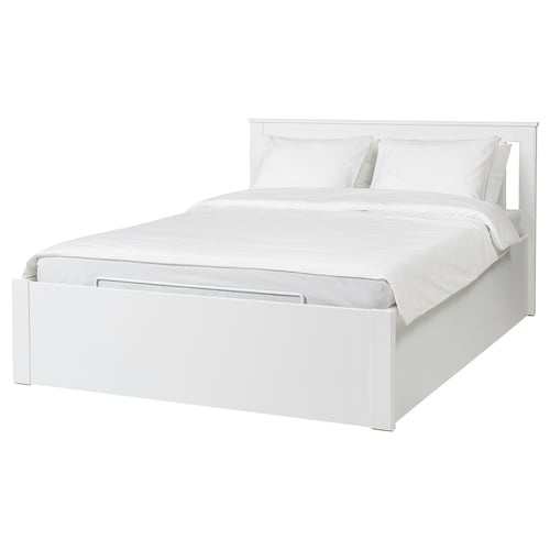 White modern minimalist bed with built-in storage, sleek design, clean lines.