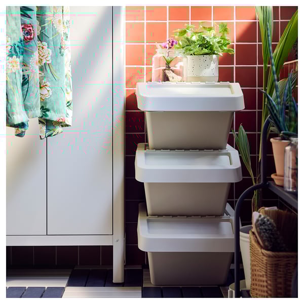 SORTERA Sorting bin with lid, beige, 37 l