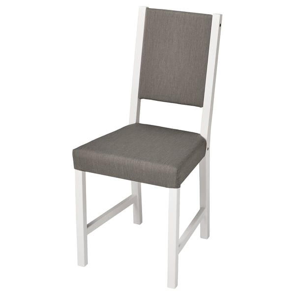 A modern chair named STEFAN with a white frame and sleek grey fabric cover, designed for comfort with wood fiber padding.