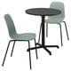 Modern dining set with black table and light green chairs. Minimalist design, stackable chairs, robust materials.