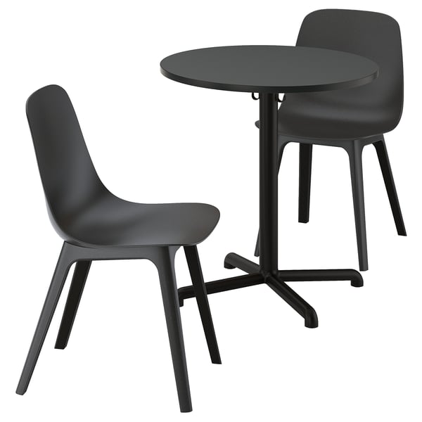 STENSELE black table & chairs set. Modern design with metal legs. Suitable for dining or working.