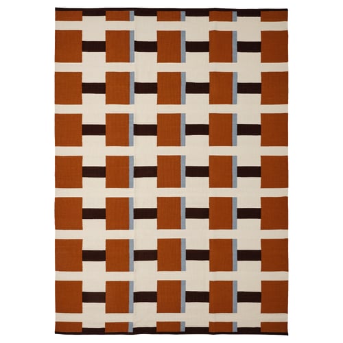 STOCKHOLM 2025 rug: brown, beige, blue squares; cotton, wool; rectangular, geometric design.