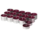 Set of 16 burgundy candles in silver holders, varied shapes, home decor.