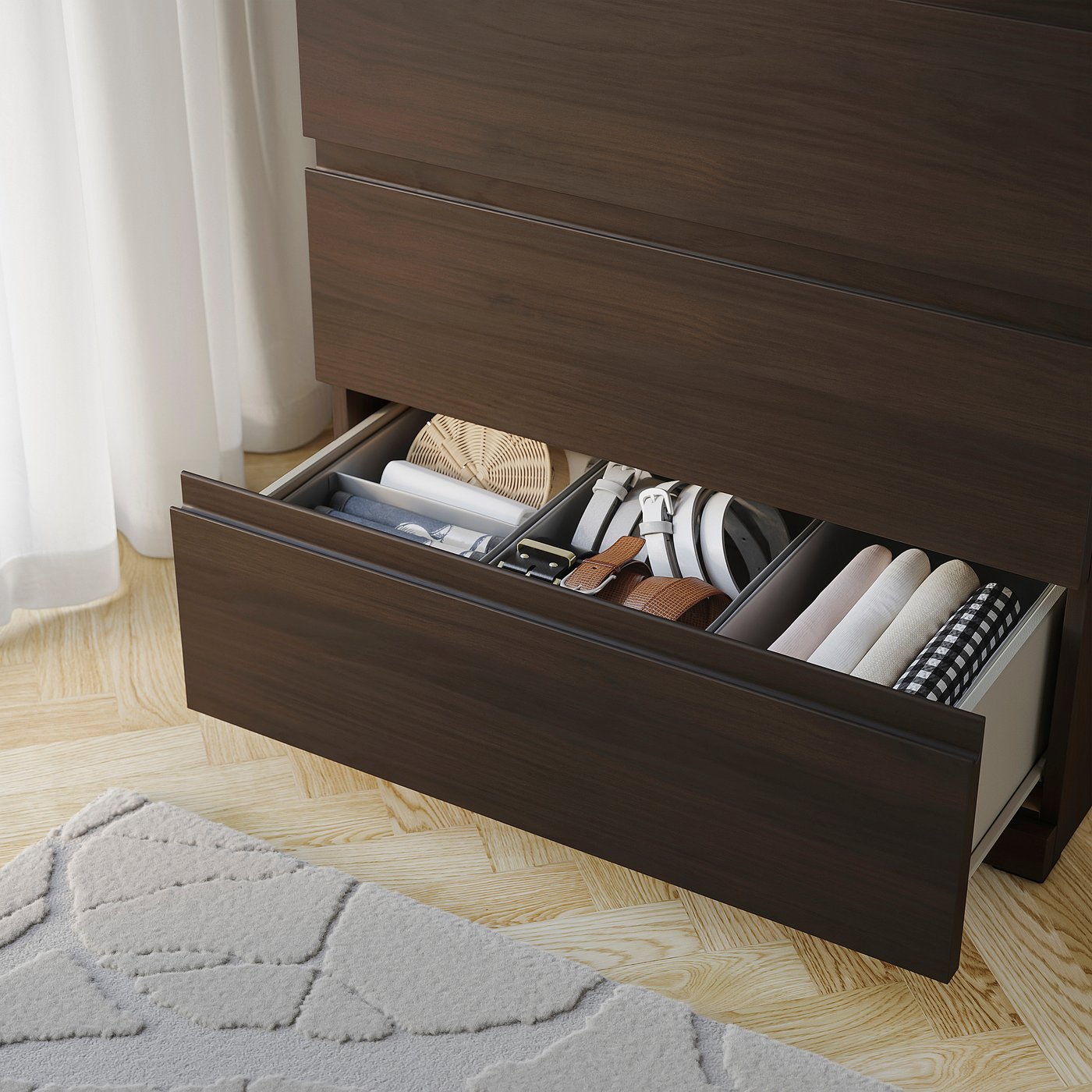 STORKLINTA chest of 6 drawers, dark brown/oak effect, 70x50x120 cm