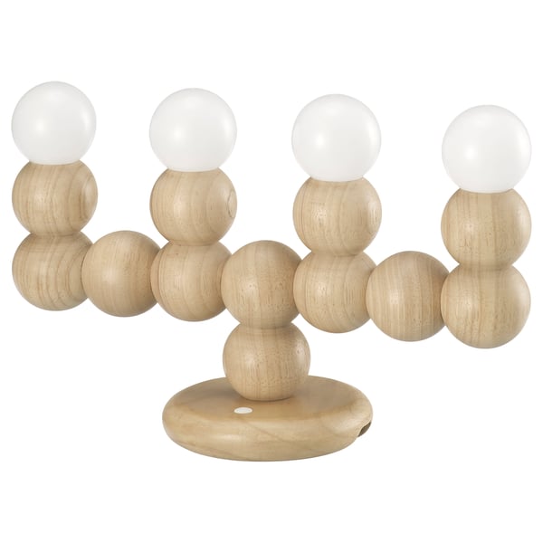 STRÅLA lamp, modern design with stacked wooden spheres, topped with opal spheres, natural wood color.
