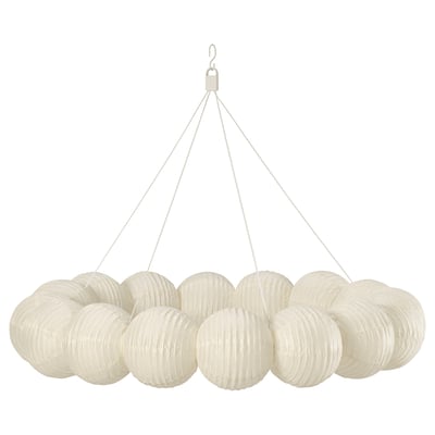 STRÅLA white pendant lamp, round paper shades, hangs from ceiling, emits soft light.