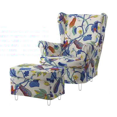 Bright, patterned armchair and footstool with floral and leaf designs in blue, orange, and yellow on white fabric, recycled polyester and cotton.