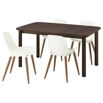 Depicts a STRANDTORP dining set including a dark brown wooden extendable table and four white chairs with wooden legs.