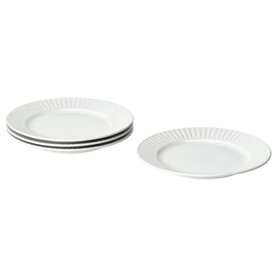 Four white porcelain plates, two stacked and two flat, with a ridged edge design, made of stoneware.