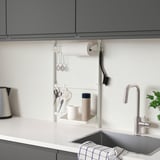 SUNNERSTA kitchen organizer, white, steel, holds paper and tools, fits under cabinets.