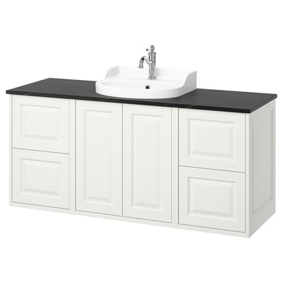 TÄNNFORSEN white vanity, classic design with black countertop, ceramic basin, chrome faucet, wall-mounted.
