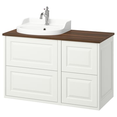 TÄNNFORSEN white bathroom cabinet with 4 drawers, wooden countertop, and ceramic sink.