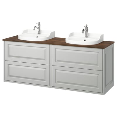 TÄNNFORSEN light grey double sink vanity set with wooden countertop.