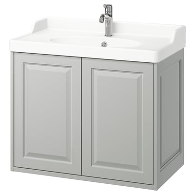 TÄNNFORSEN vanity, light grey, wall-mounted, bevelled edges, ceramic sink, chrome faucet.