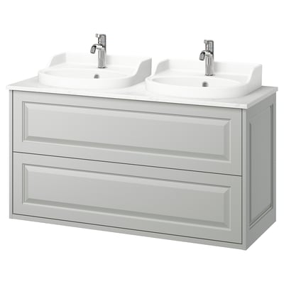 TÄNNFORSEN grey bathroom vanity, double white sinks, wall-mounted cabinet with sleek design.