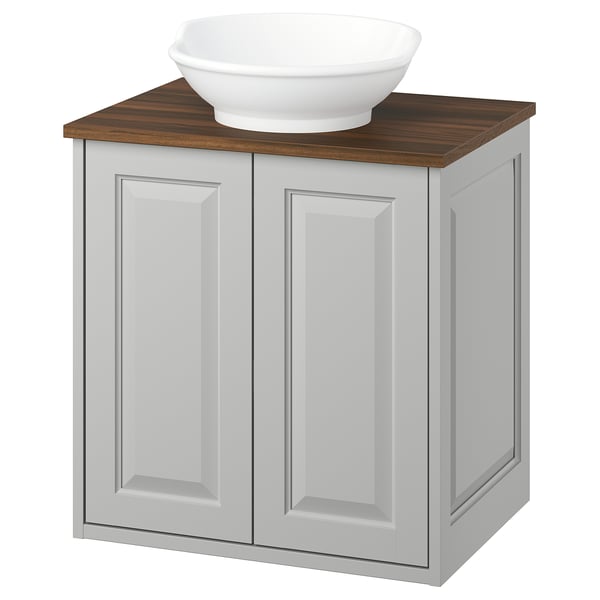 Grey bathroom cabinet with wood counter & sink, 2 doors, wall-mounted.