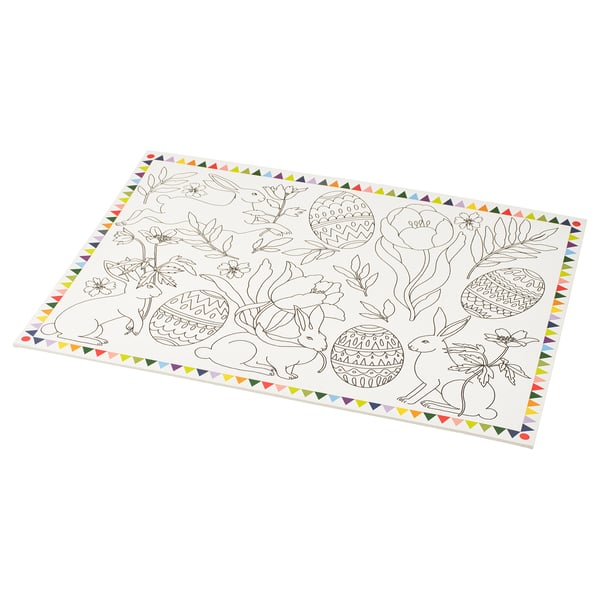 Coloring mat TJÄRLEK, easter themed, white, paper, triangular border.