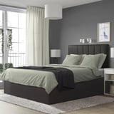Modern bedroom with TJÅLLE bed, dark walls, large window & plants.