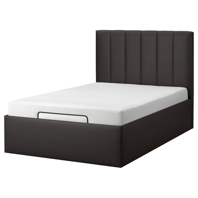 Modern black platform bed with padded headboard, sleek design.