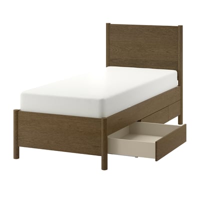 Light oak TONSTAD bed with 2 drawers & white mattress.