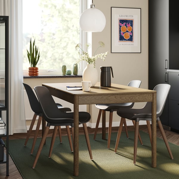 TONSTAD / GRÖNSTA Table and 4 chairs, brown stained oak veneer/grey, 140/196x85 cm