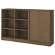 Option: Dark brown wooden shelving unit with mix of open and closed storage, light oak design, rectangular shape.