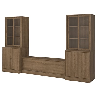 Wooden tv unit with glass doors & cabinets in warm brown finish
