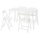 TORPARÖ set: white metal table, four chairs. Modern, perforated design, folds flat.