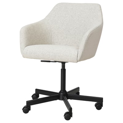TOSSBERG chair: cream-colored, fabric upholstered with armrests, high back, adjustable height, five casters.