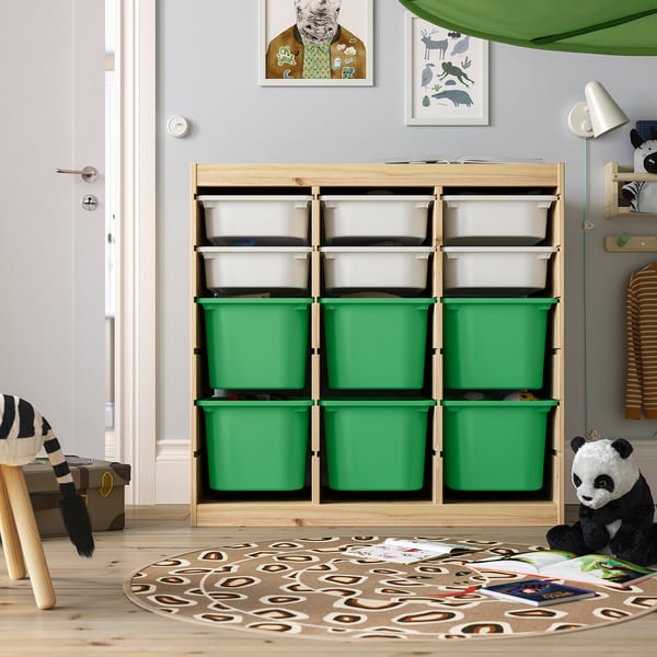 TROFAST Storage combination with boxes, room divider light white stained pine/white bright green, 93x44x91 cm