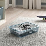 Metal mesh storage basket on rug, holding headphones and tech accessories. Part of ikeas TROFAST series for organizing items.
