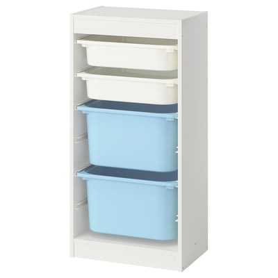 TROFAST is a modern storage unit, white with blue/gray bins, made of particleboard and recycled plastic, ideal for organizing childrens items.