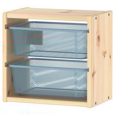 A light wood TROFAST wall storage unit with blue mesh bins for organizing items.